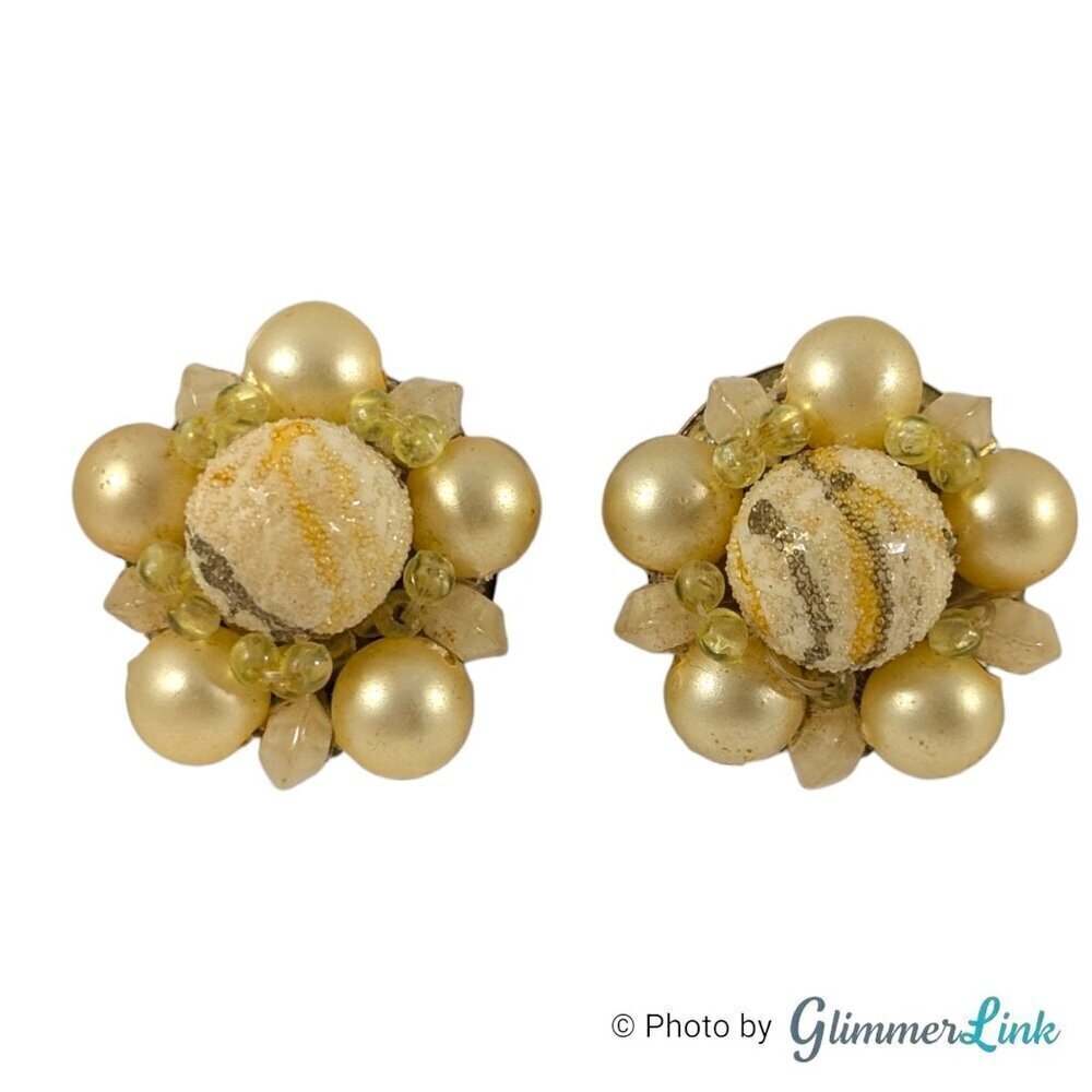 Vintage Hong Kong Pale Yellow Sugar Coat Bead Cluster Gold Tone Clip On Earrings